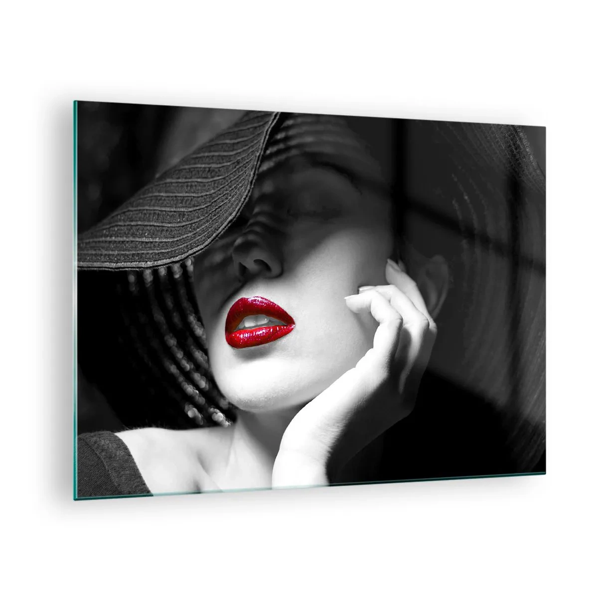 Glasbild - Bild auf glas - Schwarz-Weiß-Komposition mit rotem Lippenakzent - 70x50cm - Eine Studie in Scharlachrot - Moderne Wanddekoration für Wohnzimmer und Schlafzimmer ARTTOR