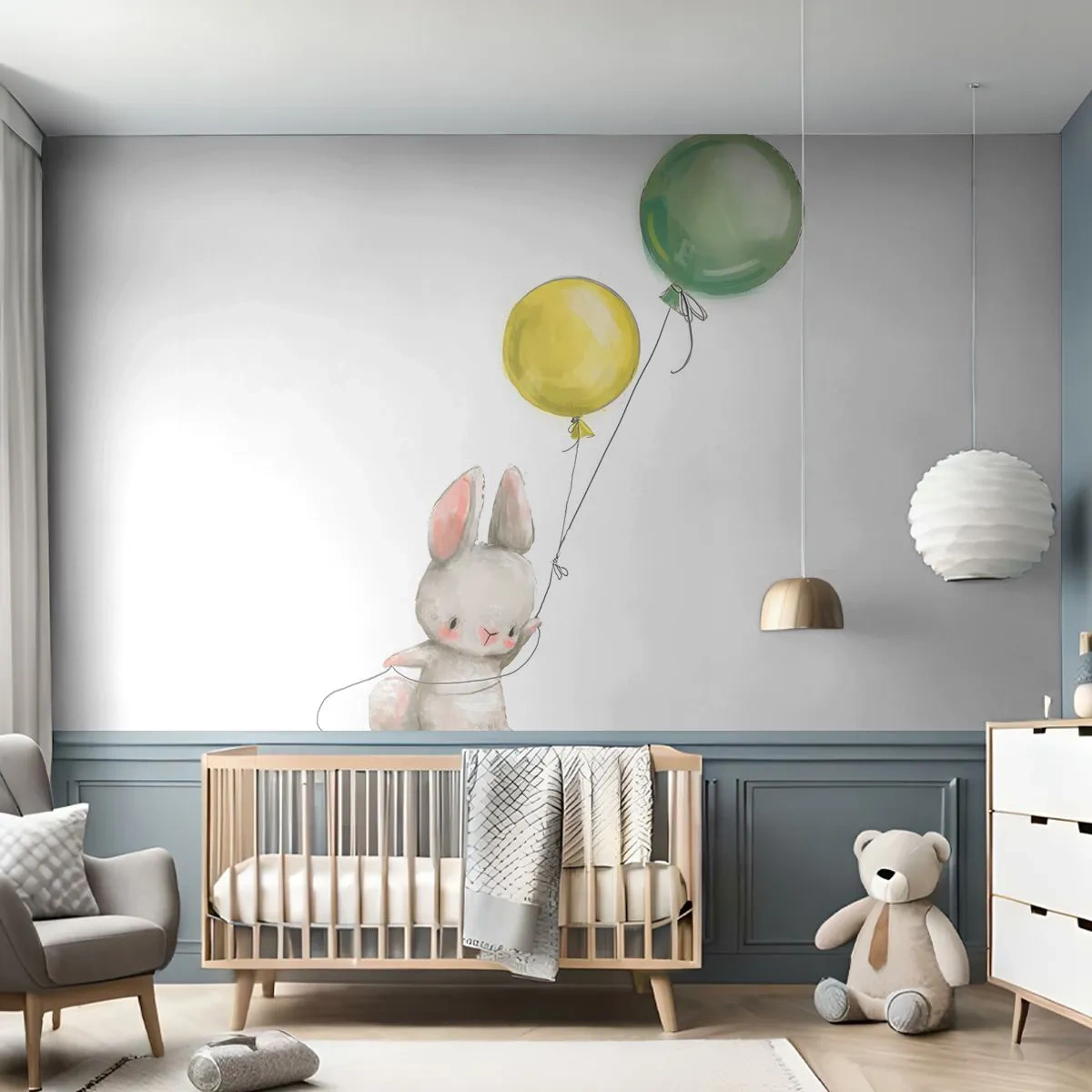 Fototapete Premium Canvas - Ich werde auch fliegen! - Für Kinder, Kaninchen, Bunte Luftballons - 250x175 cm