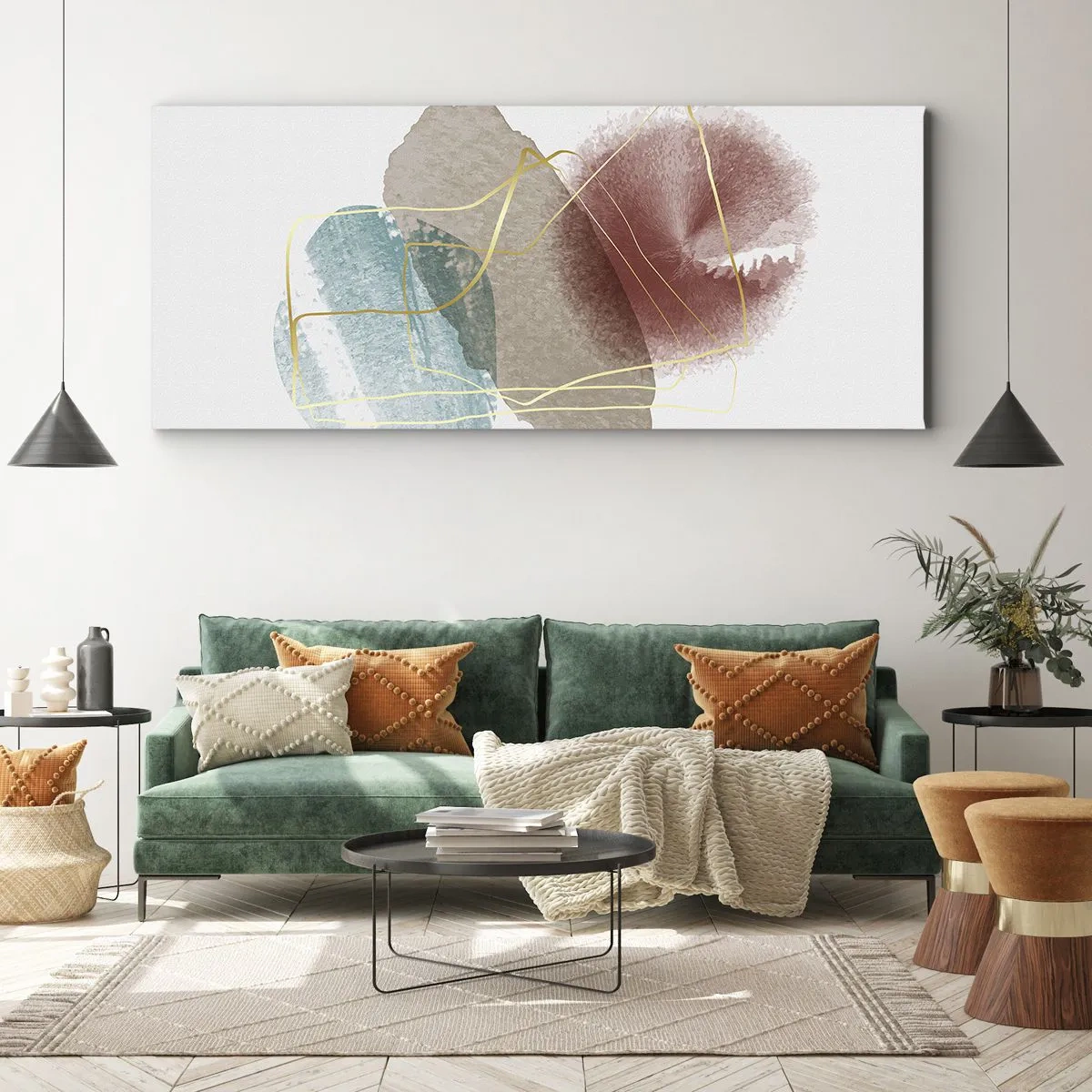 Bild auf Leinwand - Leinwandbild - Abstrakte Formen mit zarten Farben und goldenen Linien - 160x50cm - Korallen des Weltraums - Moderne Wanddekoration für Wohnzimmer und Schlafzimmer ARTTOR