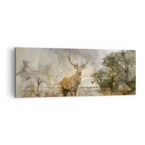 Bild auf Leinwand - Leinwandbild - Ein Hirsch in einer natürlichen Umgebung im Aquarellstil - 140x50cm - Würde – Stärke – Würde - Moderne Wanddekoration für Wohnzimmer und Schlafzimmer ARTTOR