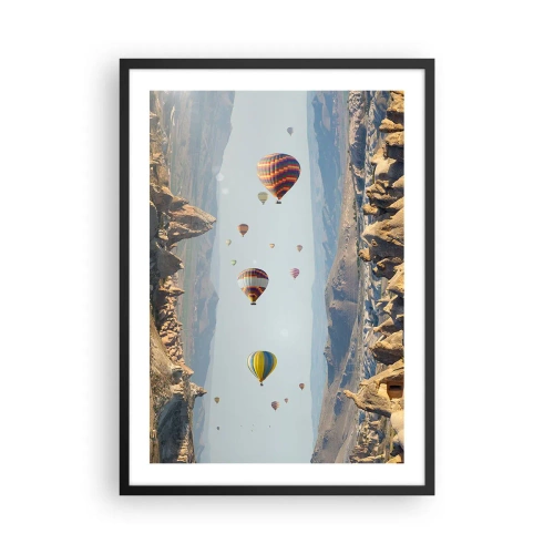 Poster in einem schwarzem Rahmen - Heißluftballons schweben über felsigem Gelände - 50x70cm - Hier ist alles möglich - Moderne Wanddekoration für Wohnzimmer und Schlafzimmer ARTTOR