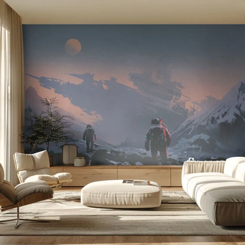 Fototapete Premium Sand - Astronauten erkunden einen fremden Planeten mit einem Schiffswrack. - 100x70cm - Unter einem unbekannten Stern - Moderne Wanddekoration für Wohnzimmer und Schlafzimmer ARTTOR