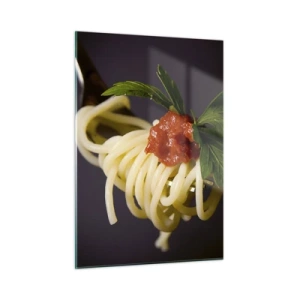 Glasbild - Bild auf glas - Spaghetti auf einer Gabel mit Tomatensauce - 50x70cm - Ein leckerer Bissen - Moderne Wanddekoration für Wohnzimmer und Schlafzimmer ARTTOR