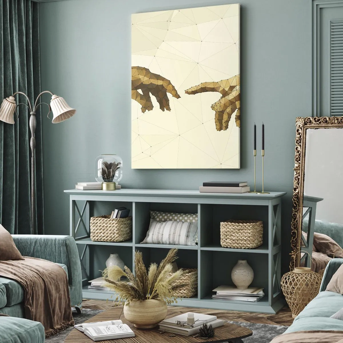 Bild auf Leinwand - Leinwandbild - Geometrische Hände, die sich vor hellem Hintergrund nacheinander ausstrecken - 50x70cm - Göttliche Geometrie - Moderne Wanddekoration für Wohnzimmer und Schlafzimmer ARTTOR