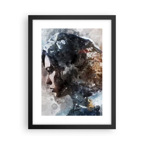 Poster in einem schwarzem Rahmen - Eine Geschichte über ein Mädchen mit einer Stadt im Hintergrund - 30x40 cm