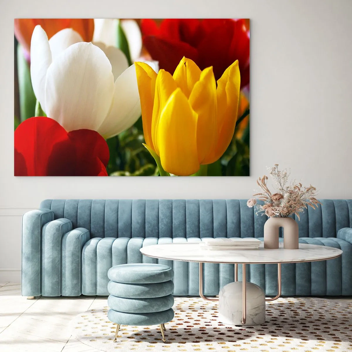 Glasbild - Bild auf glas - Bunte Tulpen Nahaufnahme - 120x80cm - Tulpenfieber - Moderne Wanddekoration für Wohnzimmer und Schlafzimmer ARTTOR