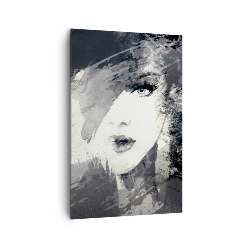 Bild auf Leinwand - Leinwandbild - Ein abstraktes Frauenporträt in Grautönen mit zarten Akzenten. - 80x120cm - Hinter einem grauen Schleier - Moderne Wanddekoration für Wohnzimmer und Schlafzimmer ARTTOR