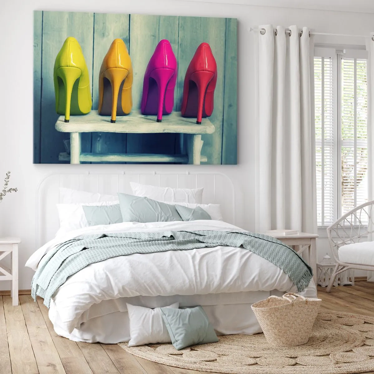 Bild auf Leinwand - Leinwandbild - Bunte High Heels vor einer Holzwand - 120x80cm - Spazierengehen auf dem Regenbogen - Moderne Wanddekoration für Wohnzimmer und Schlafzimmer ARTTOR