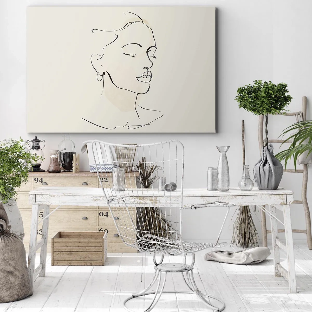 Bild auf Leinwand - Leinwandbild - Eine zarte Skizze eines Frauengesichts auf hellem Hintergrund - 70x50cm - Eine bestimmte Linie - Moderne Wanddekoration für Wohnzimmer und Schlafzimmer ARTTOR