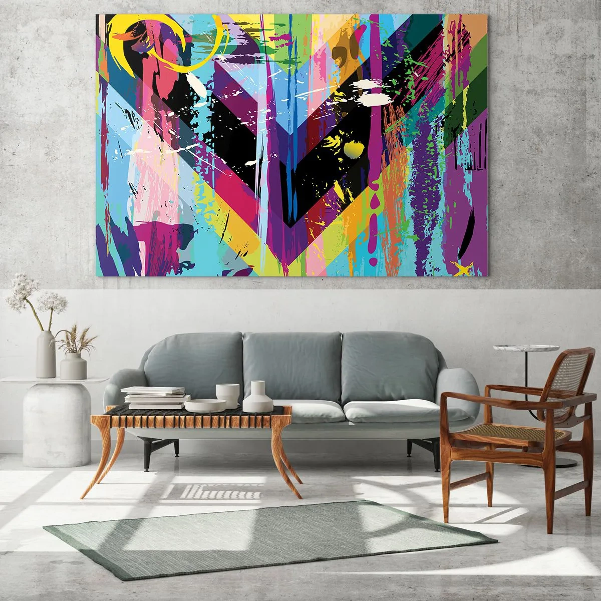 Glasbild - Bild auf glas - Bunte Abstraktion mit dynamischen Formen und intensiven Farben - 70x50cm - Von oben nach unten - Moderne Wanddekoration für Wohnzimmer und Schlafzimmer ARTTOR