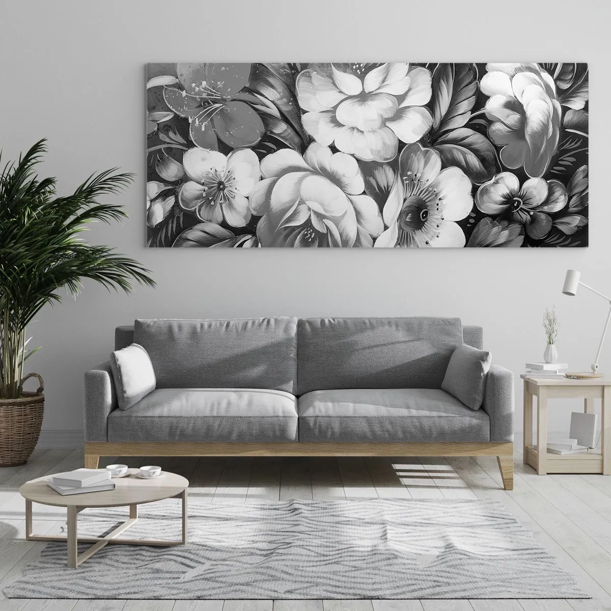 Glasbild - Bild auf glas - Schwarze und weiße Blumen in einer klassischen und eleganten Komposition - 140x50cm - Schön auch in Grau - Moderne Wanddekoration für Wohnzimmer und Schlafzimmer ARTTOR