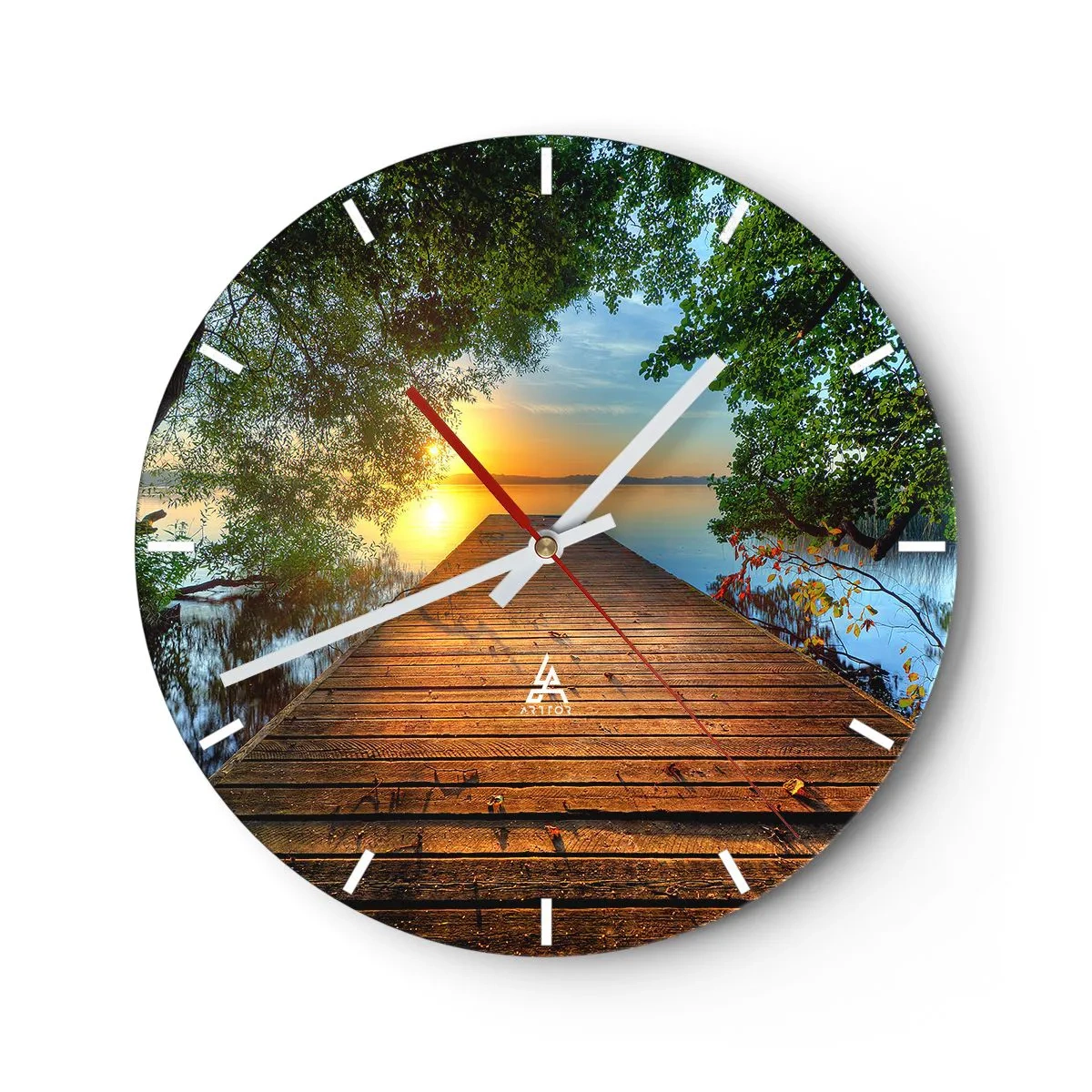 Wanduhr - Glasuhr - Ein Holzsteg, der bei Sonnenuntergang zum See führt - 30x30cm - Nimm dir Zeit, setz dich hin - Moderne Wanddekoration für Wohnzimmer, Küche und Schlafzimmer ARTTOR