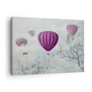 Bild auf Leinwand - Leinwandbild - Lila Ballons schweben über den Bäumen in den Wolken - 70x50cm - Wie Schiffe am Himmel - Moderne Wanddekoration für Wohnzimmer und Schlafzimmer ARTTOR