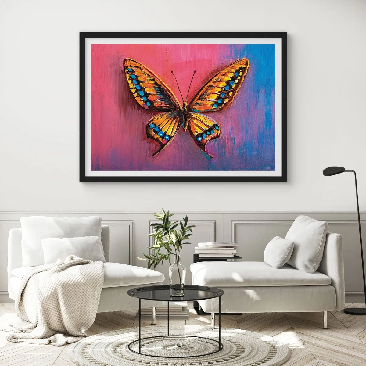 Poster in einem schwarzem Rahmen - Bunter Schmetterling auf abstraktem Hintergrund - 70x50cm - Ein Juwel der Natur - Moderne Wanddekoration für Wohnzimmer und Schlafzimmer ARTTOR
