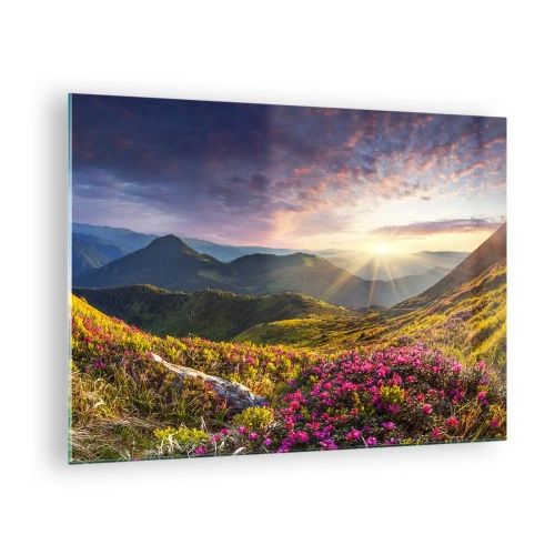 Glasbild - Bild auf glas - Berglandschaft bei Sonnenaufgang mit blühenden Blumen - 70x50cm - Frische am Bergmorgen - Moderne Wanddekoration für Wohnzimmer und Schlafzimmer ARTTOR