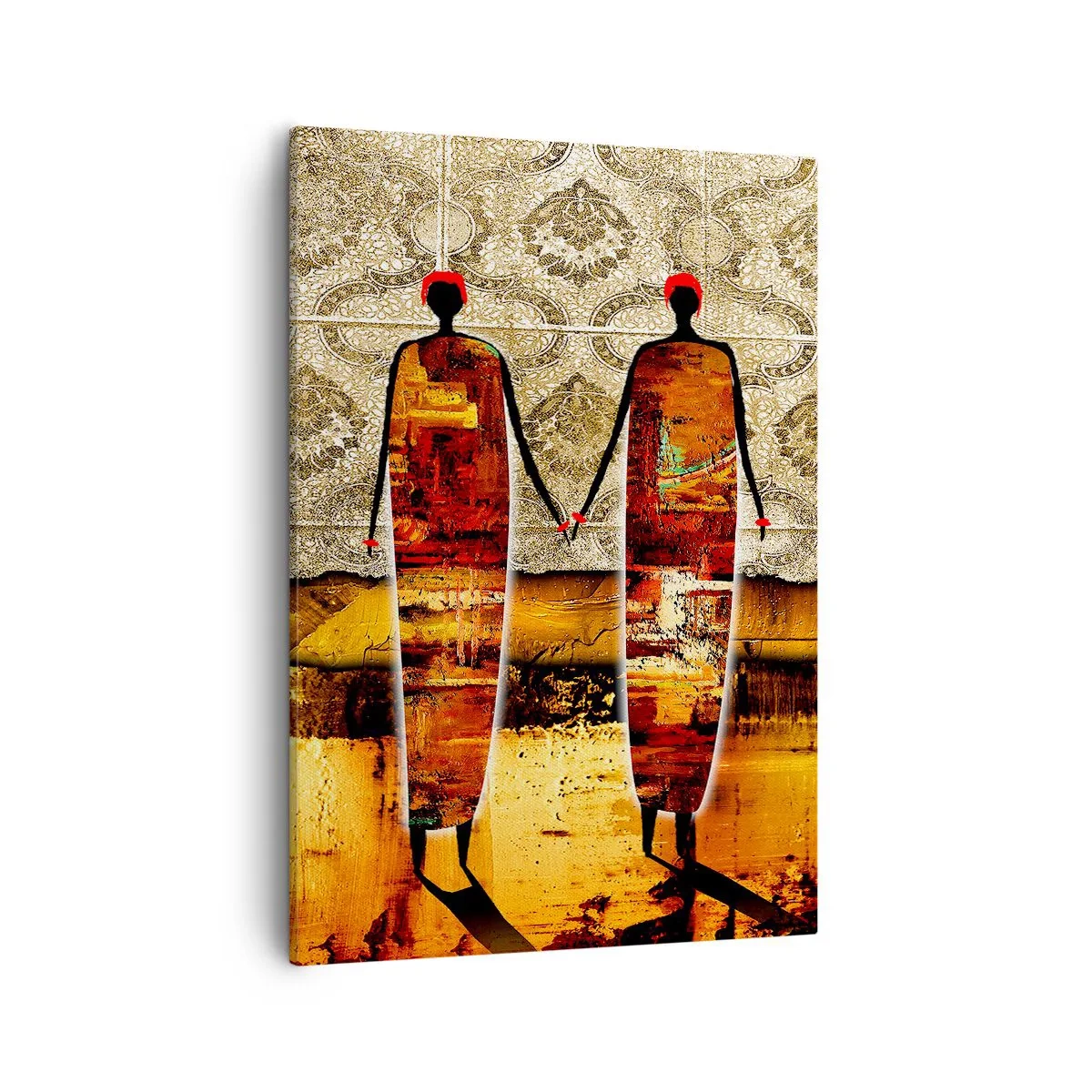 Bild auf Leinwand - Leinwandbild - Ein abstraktes Figurenpaar vor einem Hintergrund aus goldenen Mustern und einer Landschaft. - 50x70cm - Ethnische Zusammensetzung in den Farben Afrikas - Moderne Wanddekoration für Wohnzimmer und Schlafzimmer ARTTOR