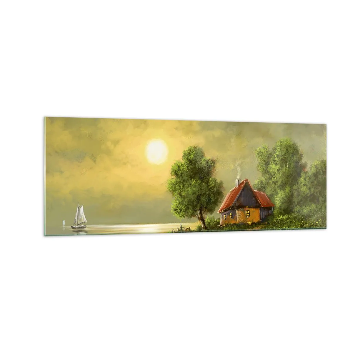Glasbild - Bild auf glas - Seehaus im Abendlicht - 140x50cm - Schön, wie ein Bild - Moderne Wanddekoration für Wohnzimmer und Schlafzimmer ARTTOR