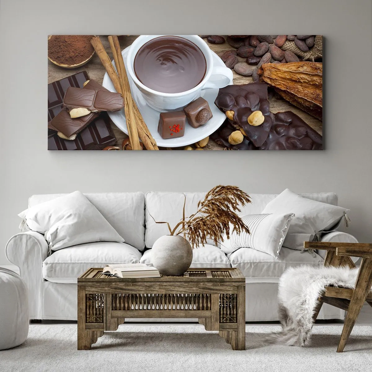 Bild auf Leinwand - Leinwandbild - Eine Tasse heiße Schokolade, umgeben von Dessertzutaten - 160x50cm - Aus einer märchenhaften Schokoladenfabrik - Moderne Wanddekoration für Wohnzimmer und Schlafzimmer ARTTOR