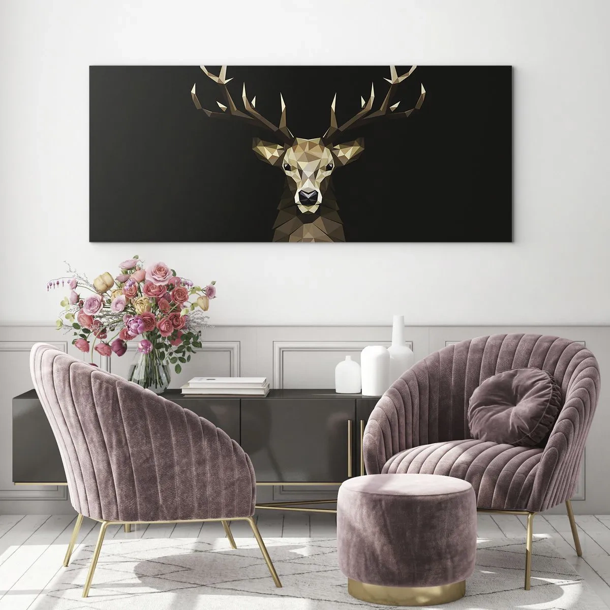 Glasbild - Bild auf glas - Geometrisches Polygon Hirsch auf schwarzem Hintergrund - 140x50cm - Kubistischer Hirsch - Moderne Wanddekoration für Wohnzimmer und Schlafzimmer ARTTOR