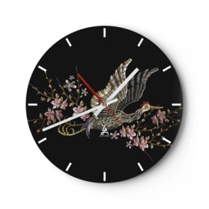 Wanduhr - Glasuhr - Exotischer gestickter Vogel - 40x40 cm