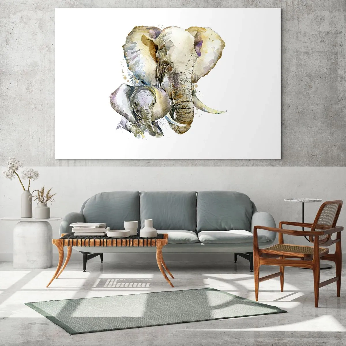 Glasbild - Bild auf glas - Künstlerische Elefanten im Aquarellstil auf weißem Hintergrund - 120x80cm - Mama ist kein Zuhause - Moderne Wanddekoration für Wohnzimmer und Schlafzimmer ARTTOR