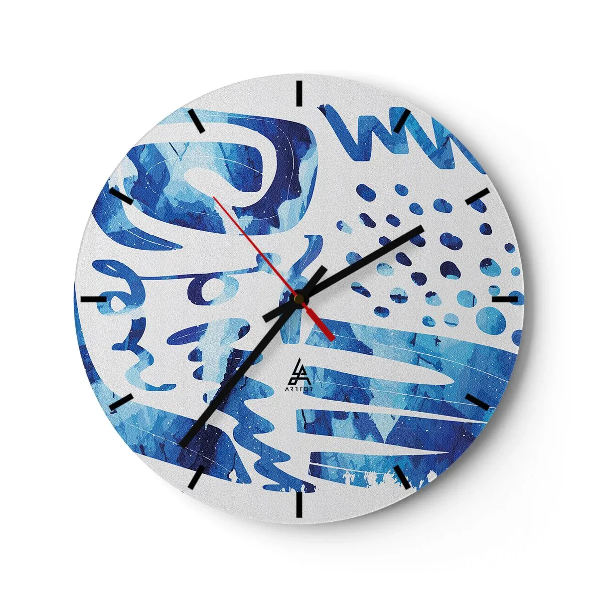 Wanduhr - Glasuhr - Abstrakte blaue Muster auf weißem Hintergrund - 30x30cm - Zurück zu den Wurzeln - Moderne Wanddekoration für Wohnzimmer, Küche und Schlafzimmer ARTTOR