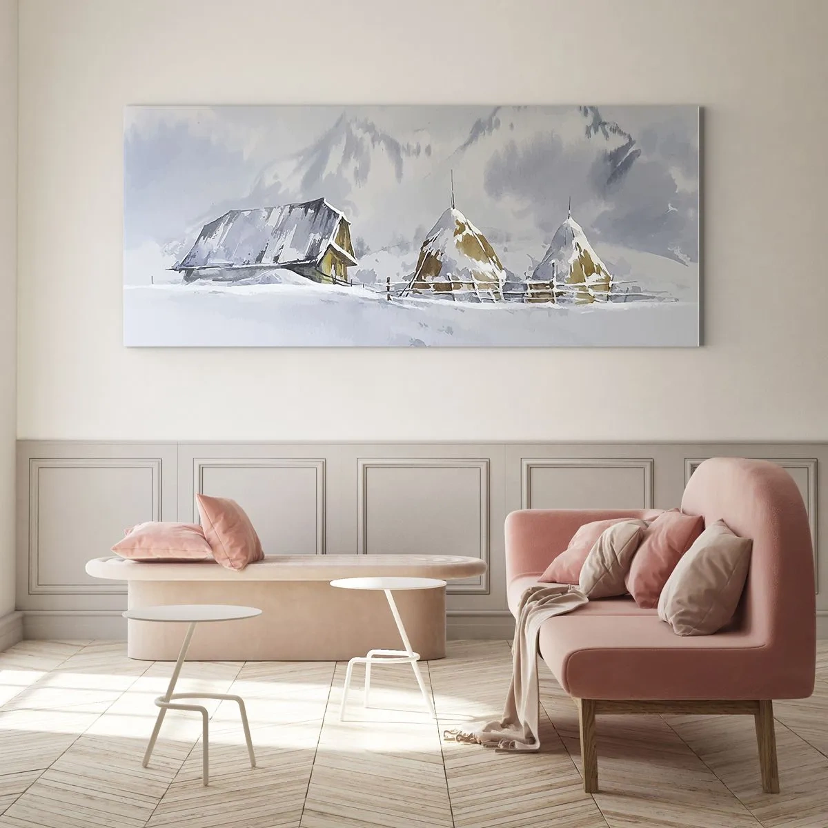 Glasbild - Bild auf glas - Winterlandschaft mit Hütte und Heuhaufen in den Bergen - 140x50cm - In einem verschneiten Talkessel - Moderne Wanddekoration für Wohnzimmer und Schlafzimmer ARTTOR