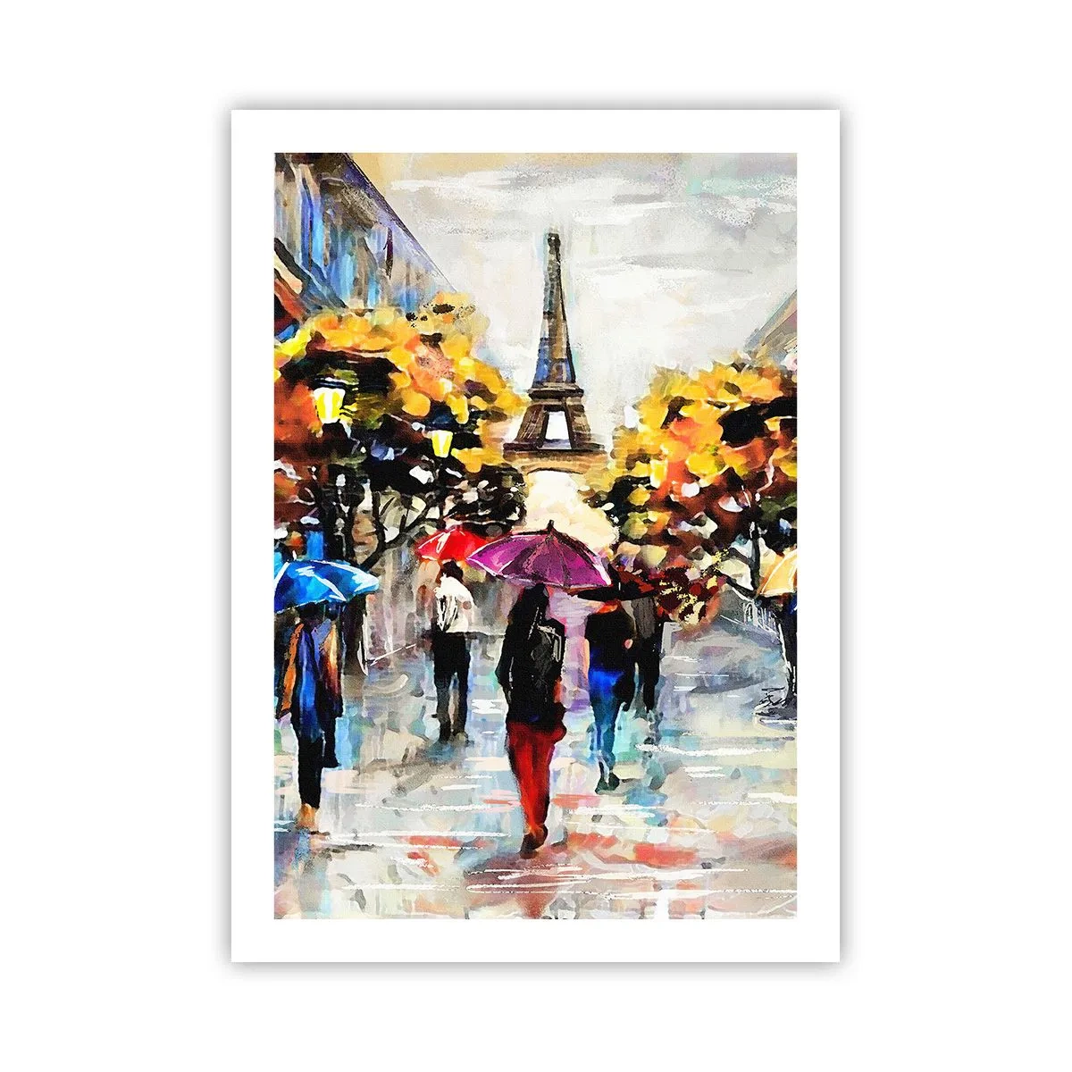 Poster - Der Eiffelturm in einer Herbstlandschaft mit bunten Regenschirmen - 50x70cm - Besonders schön im Herbst - Moderne Wanddekoration für Wohnzimmer und Schlafzimmer ARTTOR