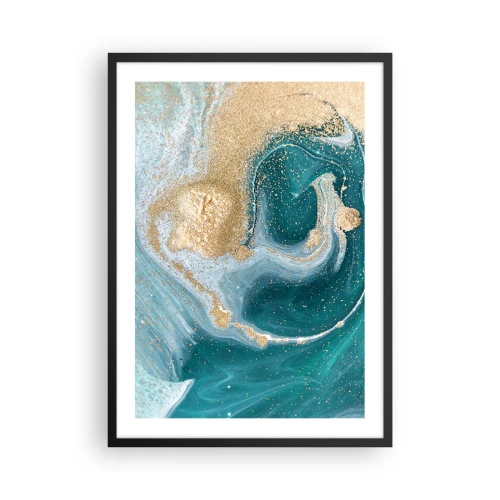Poster in einem schwarzem Rahmen - Abstraktes Gold- und Türkismotiv in fließenden Formen - 50x70cm - Ein Strudel aus Gold und Türkis - Moderne Wanddekoration für Wohnzimmer und Schlafzimmer ARTTOR