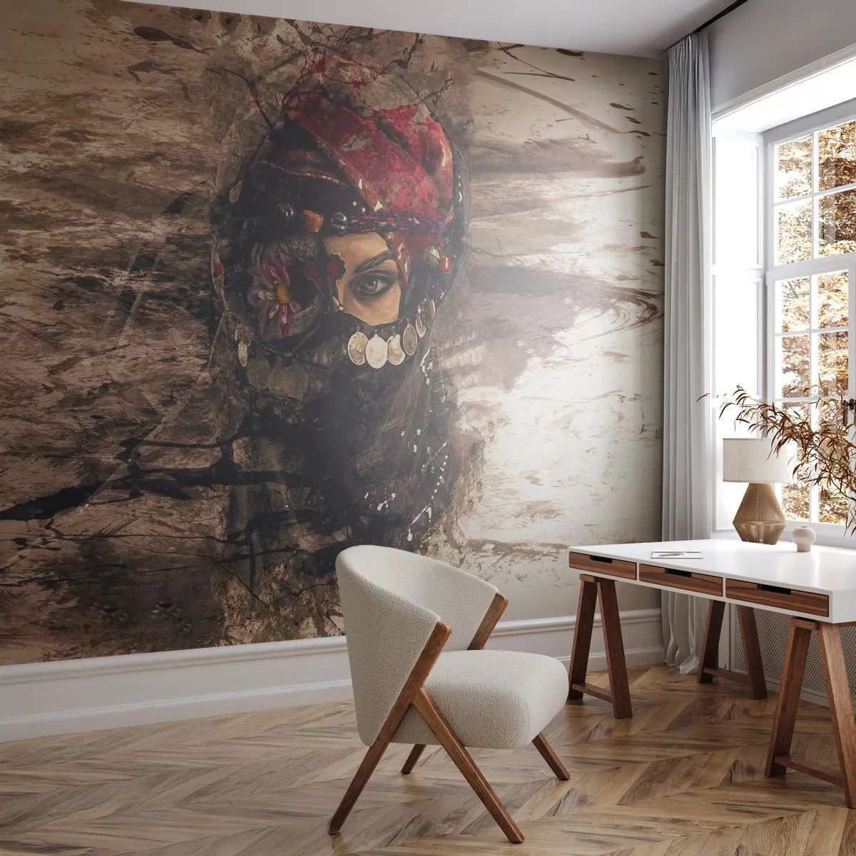 Fototapete Premium Sand - Gelinde gesagt besorgniserregend - Abstraktion, Das Gesicht einer Frau, Orientalische Symbole - 450x315 cm