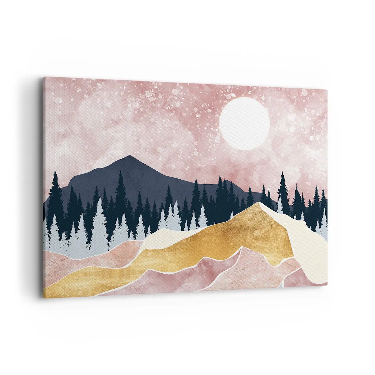 Bild auf Leinwand - Leinwandbild - Bunte Berge vor einem rosa Himmel mit einem Mond - 100x70cm - Nachtwache - Moderne Wanddekoration für Wohnzimmer und Schlafzimmer ARTTOR