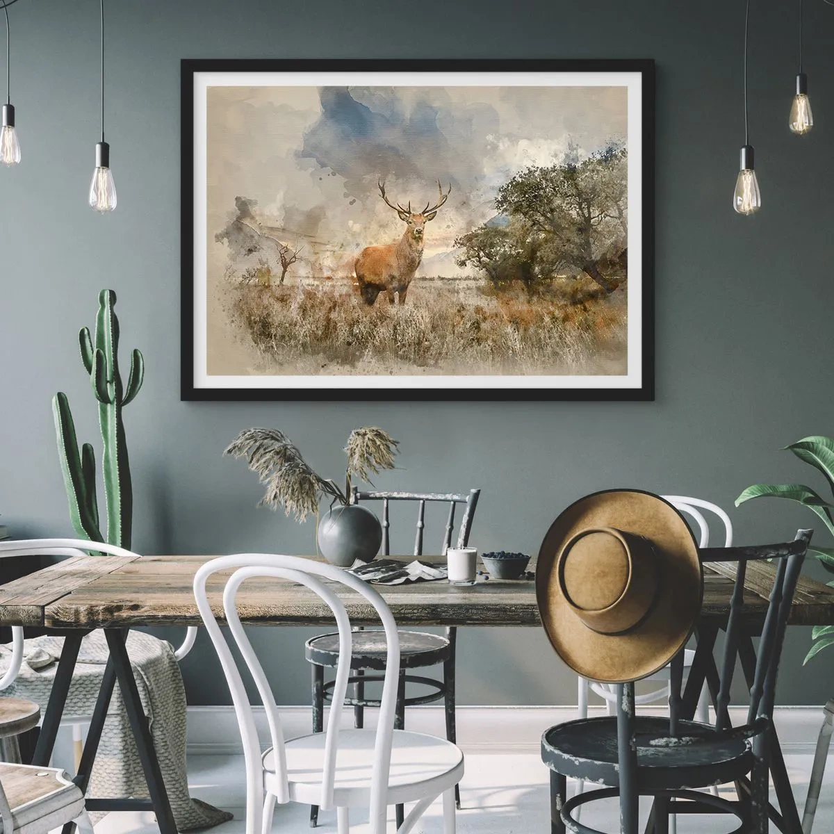 Poster in einem schwarzem Rahmen - Ein Hirsch in einer natürlichen Umgebung im Aquarellstil - 70x50cm - Würde – Stärke – Würde - Moderne Wanddekoration für Wohnzimmer und Schlafzimmer ARTTOR