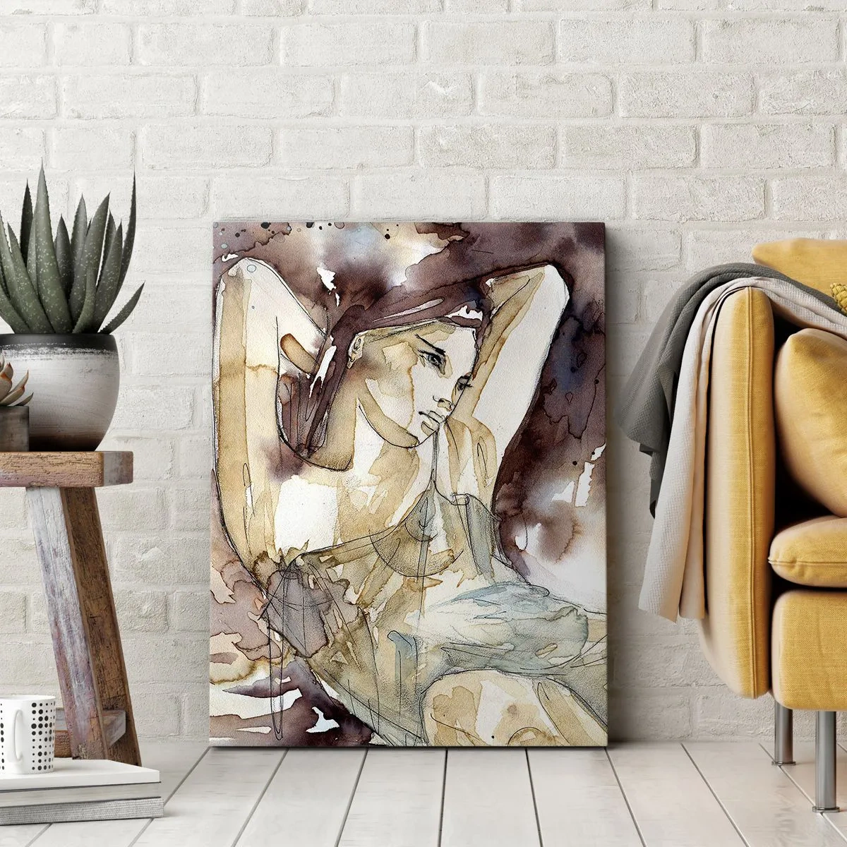 Bild auf Leinwand - Leinwandbild - Frau im künstlerischen Aquarellstil mit braunem Hintergrund - 50x70cm - In lila Stimmung - Moderne Wanddekoration für Wohnzimmer und Schlafzimmer ARTTOR