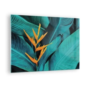Glasbild - Bild auf glas - Eine exotische Blume vor einem Hintergrund aus großen grünen Blättern. - 70x50cm - Eden-Blume - Moderne Wanddekoration für Wohnzimmer und Schlafzimmer ARTTOR