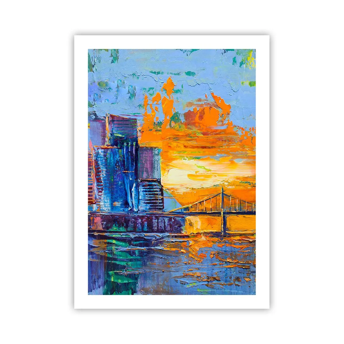 Poster - Eine bunte Brücke und die Stadt im Schein der untergehenden Sonne - 50x70cm - Kultur und Natur - Moderne Wanddekoration für Wohnzimmer und Schlafzimmer ARTTOR