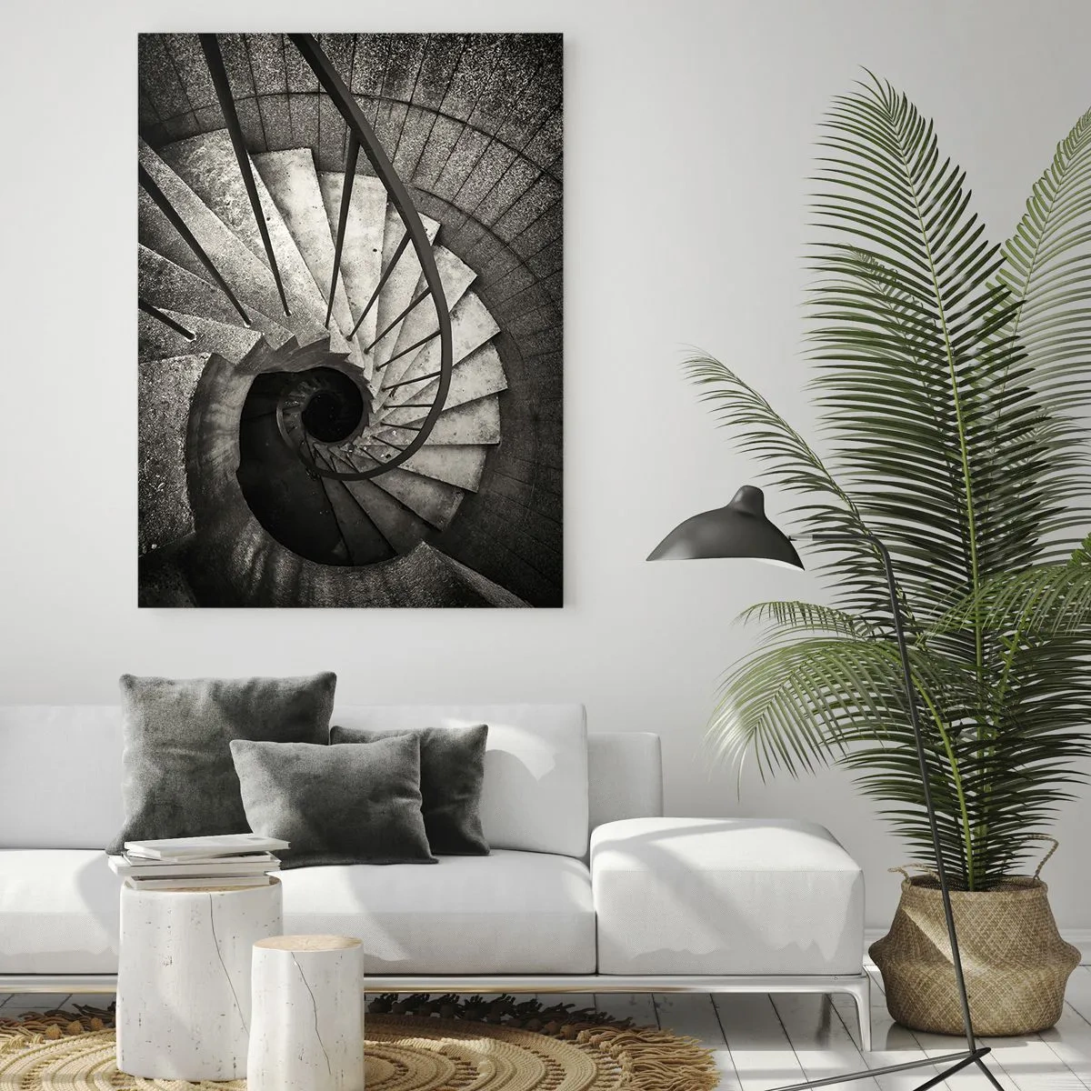 Glasbild - Bild auf glas - Eine schwarz-weiße Wendeltreppe aus der Vogelperspektive - 50x70cm - Treppe hoch, Treppe runter - Moderne Wanddekoration für Wohnzimmer und Schlafzimmer ARTTOR