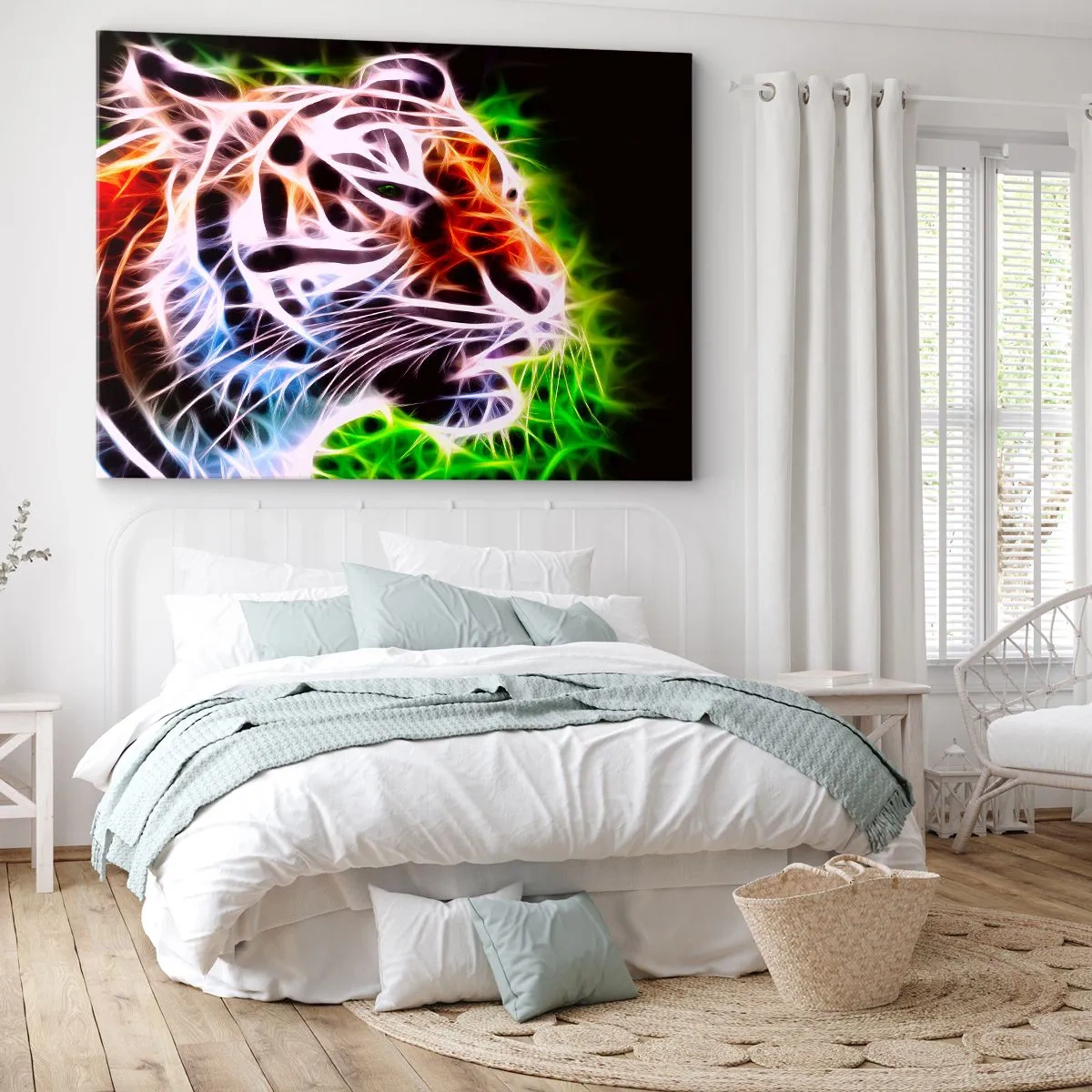 Bild auf Leinwand - Leinwandbild - Farbenfrohes künstlerisches Porträt eines Tigers im Neonstil auf schwarzem Hintergrund. - 120x80cm - Schreckliche Aura - Moderne Wanddekoration für Wohnzimmer und Schlafzimmer ARTTOR