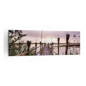 Bild auf Leinwand - Leinwandbild - Bambusbrücke über das Wasser im Morgengrauen - 160x50cm - Frieden und Ruhe Asiens - Moderne Wanddekoration für Wohnzimmer und Schlafzimmer ARTTOR