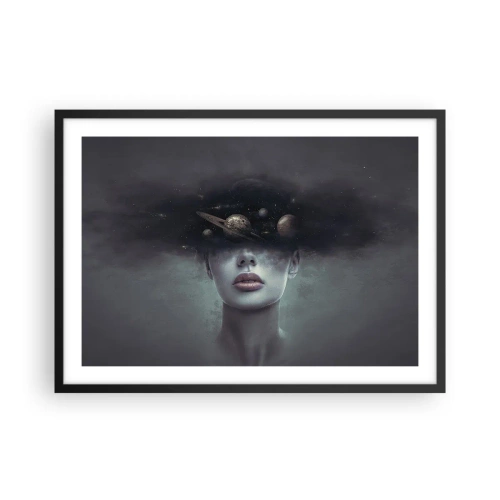 Poster in einem schwarzem Rahmen - Ein Frauengesicht mit einem Planeten- und Weltraummotiv im Hintergrund - 70x50cm - Und die Planeten spielen verrückt ... - Moderne Wanddekoration für Wohnzimmer und Schlafzimmer ARTTOR