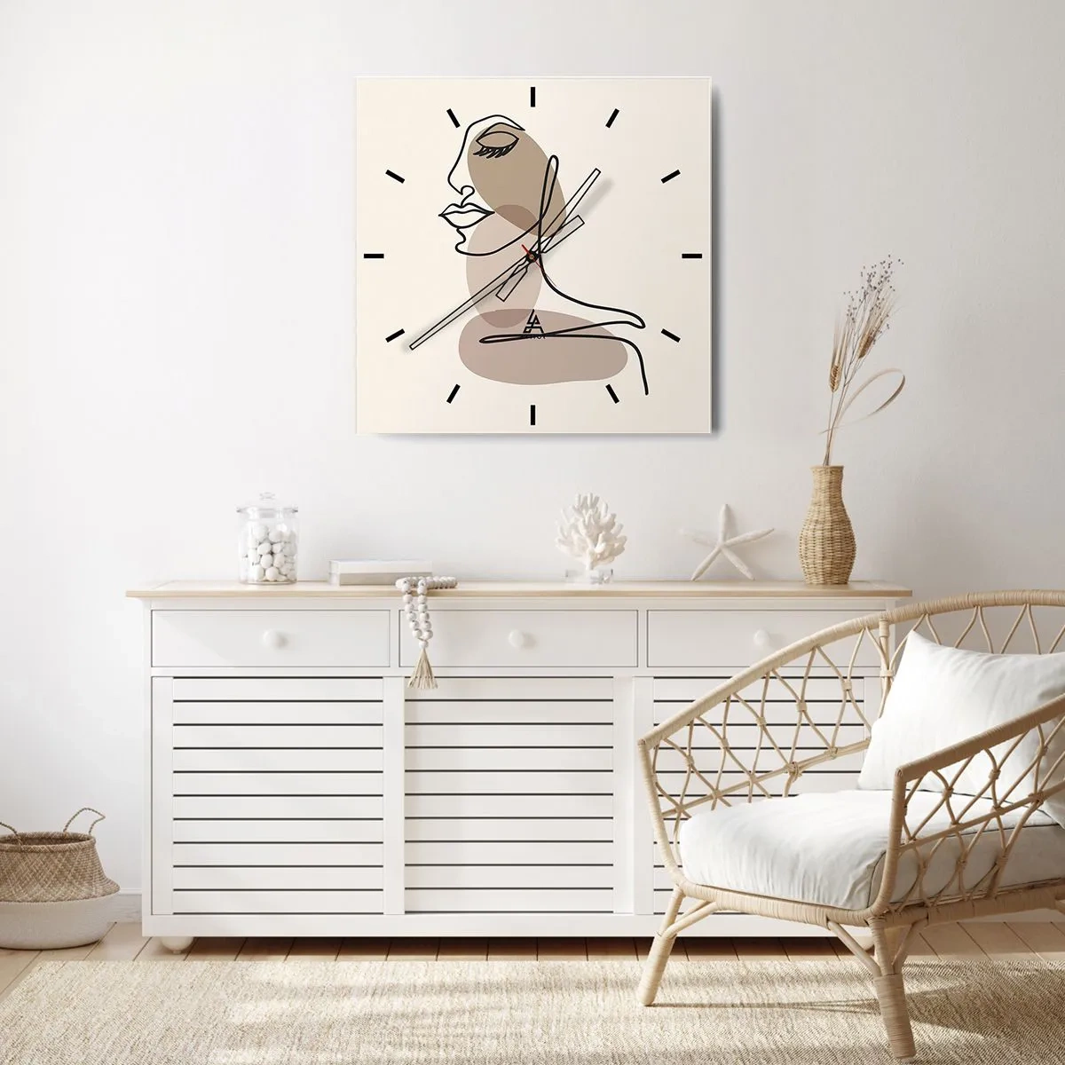 Wanduhr - Glasuhr - Minimalistisches Frauengesicht mit abstrakten Flecken - 30x30cm - Sich selbst zugehört - Moderne Wanddekoration für Wohnzimmer und Schlafzimmer ARTTOR