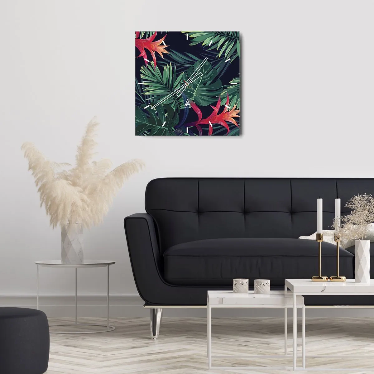 Wanduhr - Glasuhr - Tropische Blätter und Blüten auf dunklem Hintergrund - 30x30cm - Im Grünen in Flammen gehen - Moderne Wanddekoration für Wohnzimmer und Schlafzimmer ARTTOR