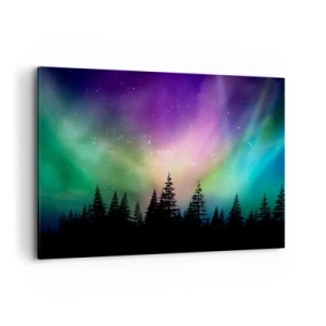 Bild auf Leinwand - Leinwandbild - Aurora Borealis über einem Wald mit Sternenhimmel - 120x80cm - weiße Magie - Moderne Wanddekoration für Wohnzimmer und Schlafzimmer ARTTOR