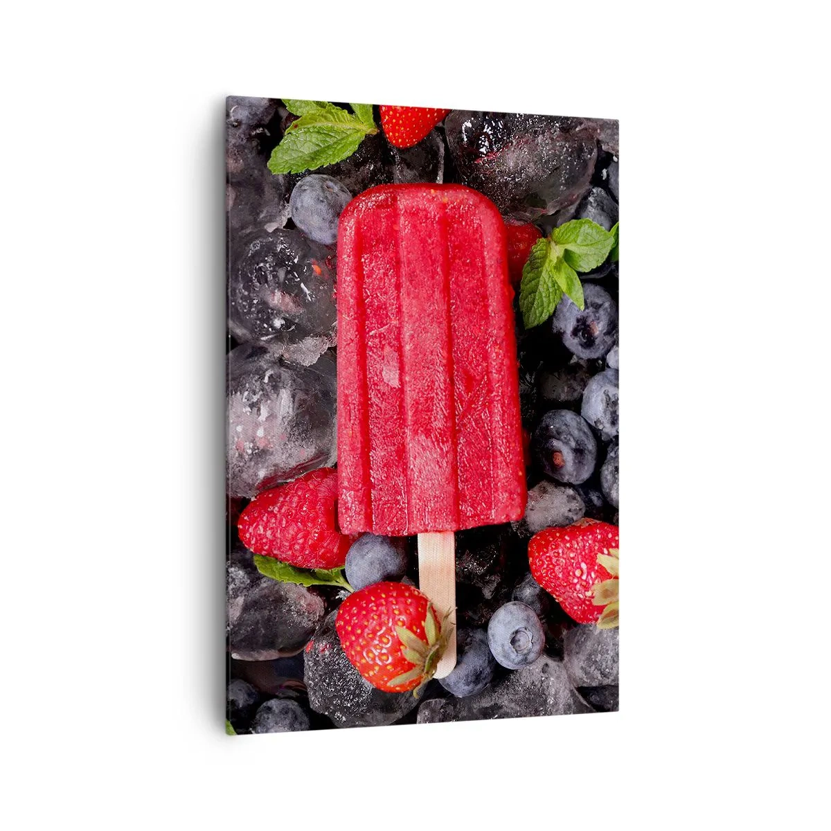 Bild auf Leinwand - Leinwandbild - Rotes Eis am Stiel, umgeben von Früchten und Eis - 70x100cm - So schmeckt der heiße Sommer - Moderne Wanddekoration für Wohnzimmer und Schlafzimmer ARTTOR