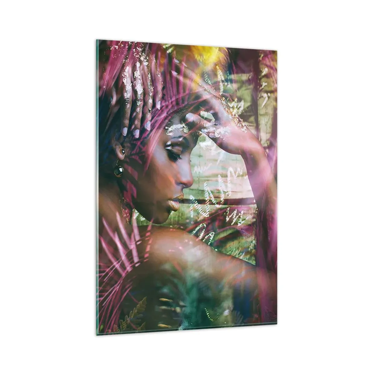 Glasbild - Bild auf glas - Porträt einer Frau, umgeben von exotischer Vegetation - 80x120cm - Mutter Natur im Dschungel - Moderne Wanddekoration für Wohnzimmer und Schlafzimmer ARTTOR