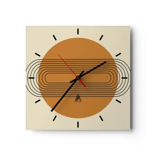Wanduhr - Glasuhr - Geometrisches Muster mit orangefarbenen Kreisen und Linien - 30x30cm - Perfekter Plan - Moderne Wanddekoration für Wohnzimmer und Schlafzimmer ARTTOR