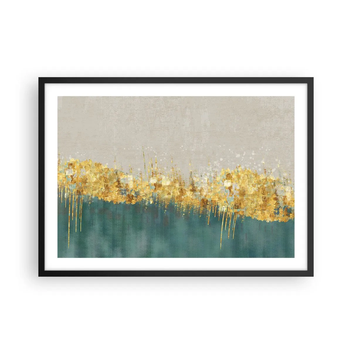 Poster in einem schwarzem Rahmen - Goldene Akzente auf grün-beigem Untergrund - 70x50cm - Goldener Rand - Moderne Wanddekoration für Wohnzimmer und Schlafzimmer ARTTOR