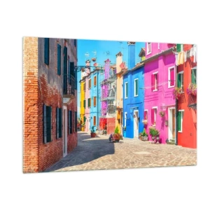 Glasbild - Bild auf glas - Bunte Gebäude in einer engen Straße in einer sonnigen Stadt - 120x80cm - Städtchen "Zu Papageien" - Moderne Wanddekoration für Wohnzimmer und Schlafzimmer ARTTOR