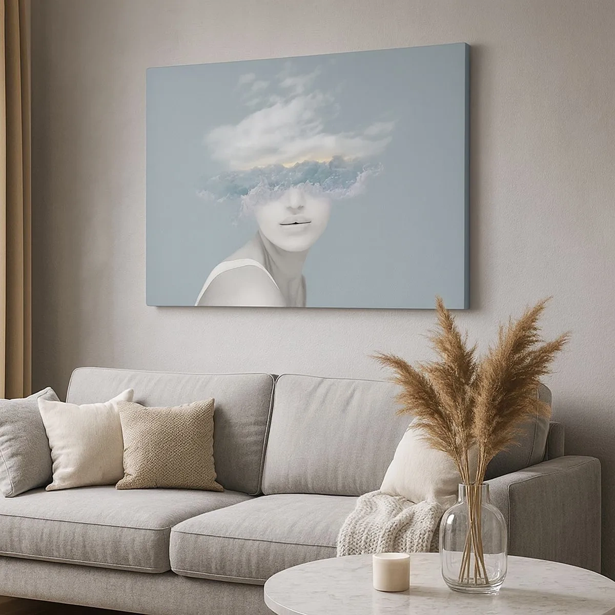 Bild auf Leinwand - Leinwandbild - Porträt einer Frau, deren Gesicht hinter Wolken und Wellen verborgen ist - 70x50cm - Mit dem Kopf in den Wolken - Moderne Wanddekoration für Wohnzimmer und Schlafzimmer ARTTOR