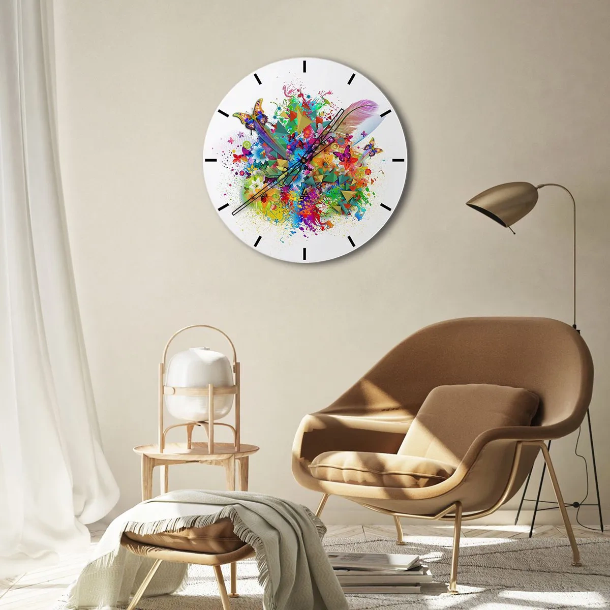 Wanduhr - Glasuhr - Bunte Abstraktion mit Schmetterlingen und Federn - 30x30cm - Ein Strauß Freude - Moderne Wanddekoration für Wohnzimmer, Küche und Schlafzimmer ARTTOR