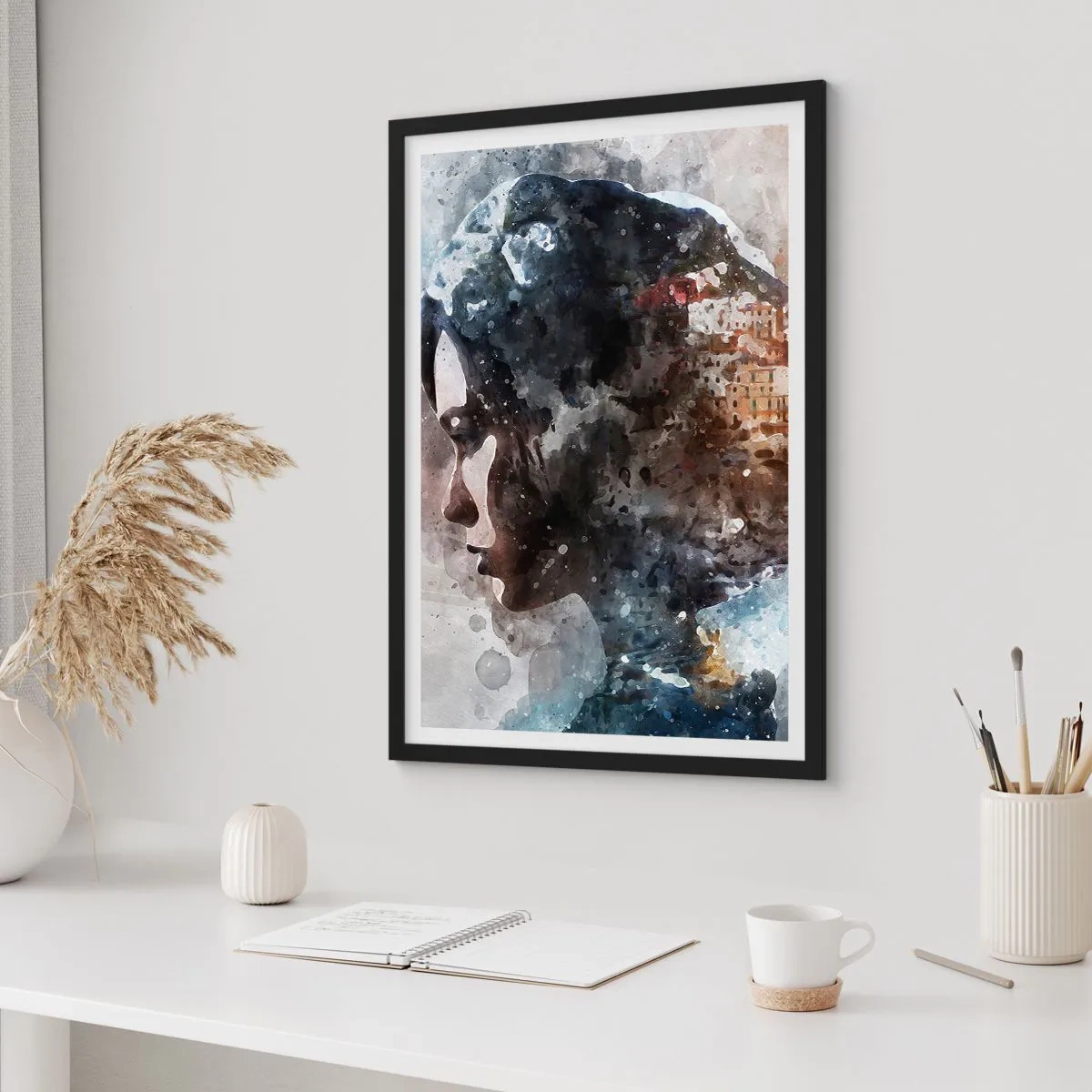 Poster in einem schwarzem Rahmen - Eine Geschichte über ein Mädchen mit einer Stadt im Hintergrund - 61x91 cm